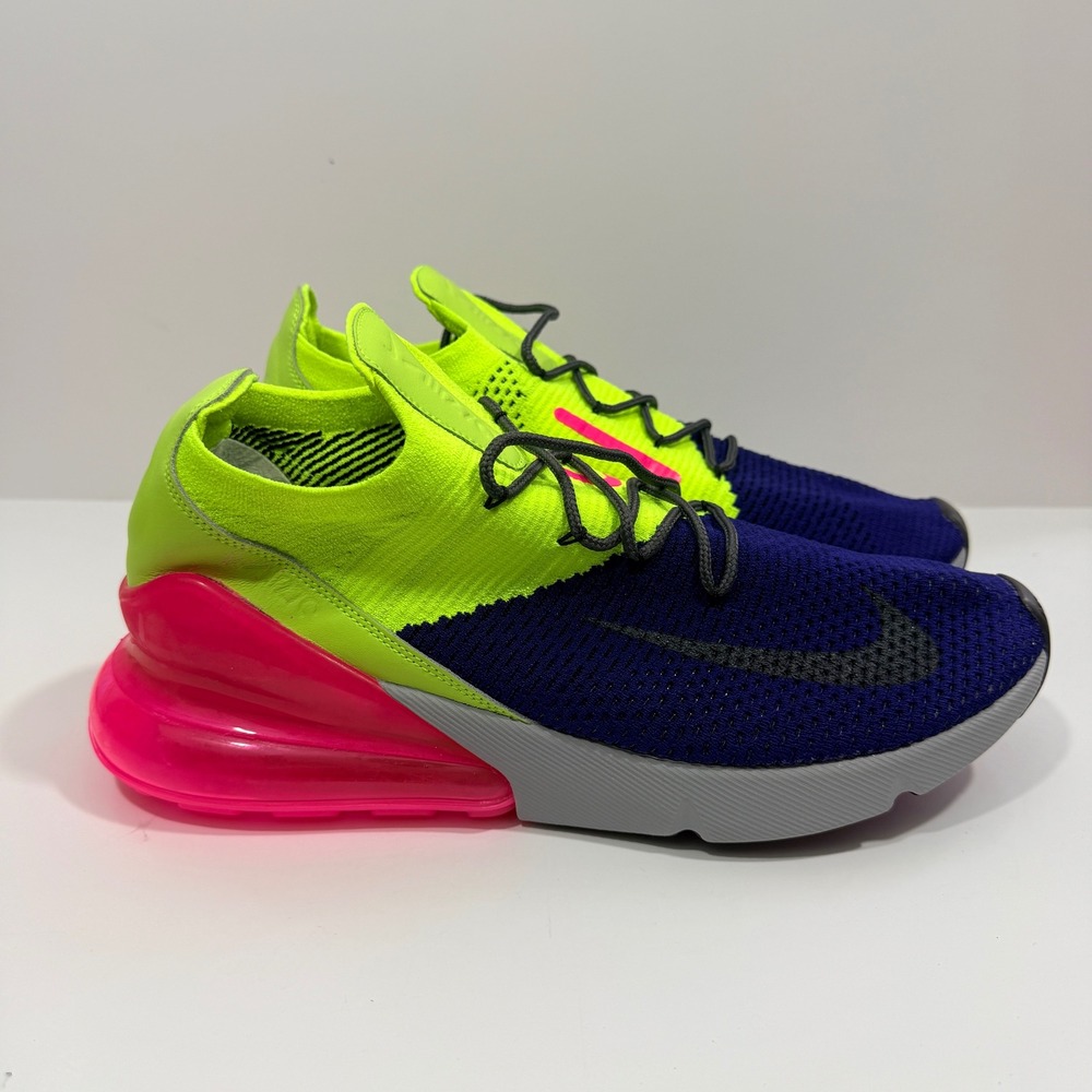 Nike Air Max 270 Flyknit Mens 11 Blue Volt Pink Excellent AO1023-501 Sneaker